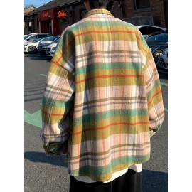 Color Block Plaid Men's Retro Long Sleeve Button Down Shirt With Chest Pockets, Spring Fall Casual Outdoor Loose Shirt Color Block Plaid Men's Retro Long Sleeve Button Down Shirt With Chest Pockets, Spring Fall Casual Outdoor Loose Shirt