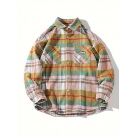Color Block Plaid Men's Retro Long Sleeve Button Down Shirt With Chest Pockets, Spring Fall Casual Outdoor Loose Shirt Color Block Plaid Men's Retro Long Sleeve Button Down Shirt With Chest Pockets, Spring Fall Casual Outdoor Loose Shirt