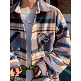 Color Block Plaid Men's Retro Long Sleeve Button Down Shirt With Chest Pockets, Spring Fall Casual Outdoor Loose Shirt Color Block Plaid Men's Retro Long Sleeve Button Down Shirt With Chest Pockets, Spring Fall Casual Outdoor Loose Shirt