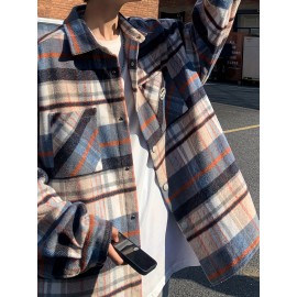 Color Block Plaid Men's Retro Long Sleeve Button Down Shirt With Chest Pockets, Spring Fall Casual Outdoor Loose Shirt Color Block Plaid Men's Retro Long Sleeve Button Down Shirt With Chest Pockets, Spring Fall Casual Outdoor Loose Shirt