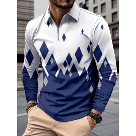 1pc Men'S Geometric-Patterned Polyester Golf Shirt - Knit Fabric with Slight Stretch, Regular Fit, Lapel Collar, Button Details, Long Sleeve, Flip Collar for Fall/Winter - Ideal for Outdoor Sports & Parties 1pc Men'S Geometric-Patterned Polyester Golf Shirt - Knit Fabric with Slight Stretch, Regular Fit, Lapel Collar, Button Details, Long Sleeve, Flip Collar for Fall/Winter - Ideal for Outdoor Sports & Parties