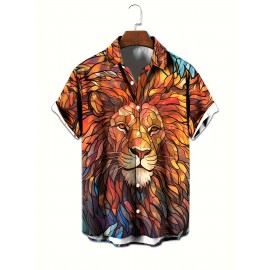1pc Men'S Casual Short Sleeve Shirt with 3D Lion Print, Polyester Woven Fabric, Slight Stretch, Regular Fit, Lapel Collar - Animal Pattern Design 1pc Men'S Casual Short Sleeve Shirt with 3D Lion Print, Polyester Woven Fabric, Slight Stretch, Regular Fit, Lapel Collar - Animal Pattern Design