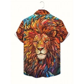 1pc Men'S Casual Short Sleeve Shirt with 3D Lion Print, Polyester Woven Fabric, Slight Stretch, Regular Fit, Lapel Collar - Animal Pattern Design 1pc Men'S Casual Short Sleeve Shirt with 3D Lion Print, Polyester Woven Fabric, Slight Stretch, Regular Fit, Lapel Collar - Animal Pattern Design