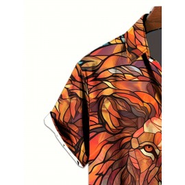 1pc Men'S Casual Short Sleeve Shirt with 3D Lion Print, Polyester Woven Fabric, Slight Stretch, Regular Fit, Lapel Collar - Animal Pattern Design 1pc Men'S Casual Short Sleeve Shirt with 3D Lion Print, Polyester Woven Fabric, Slight Stretch, Regular Fit, Lapel Collar - Animal Pattern Design