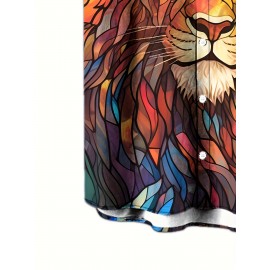 1pc Men'S Casual Short Sleeve Shirt with 3D Lion Print, Polyester Woven Fabric, Slight Stretch, Regular Fit, Lapel Collar - Animal Pattern Design 1pc Men'S Casual Short Sleeve Shirt with 3D Lion Print, Polyester Woven Fabric, Slight Stretch, Regular Fit, Lapel Collar - Animal Pattern Design
