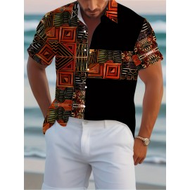 Men's Novelty 3D Geometric Print Button-Up Shirt - Casual, Breathable Polyester, Machine Washable Men's Novelty 3D Geometric Print Button-Up Shirt - Casual, Breathable Polyester, Machine Washable