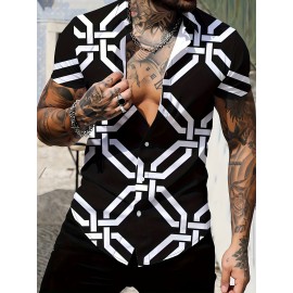 Men's Color * Geometric Pattern 3D Print Casual Shirt, Button Front Short Sleeve Top, Men's Clothes For Daily Wear/Party Men's Color * Geometric Pattern 3D Print Casual Shirt, Button Front Short Sleeve Top, Men's Clothes For Daily Wear/Party