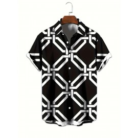 Men's Color * Geometric Pattern 3D Print Casual Shirt, Button Front Short Sleeve Top, Men's Clothes For Daily Wear/Party Men's Color * Geometric Pattern 3D Print Casual Shirt, Button Front Short Sleeve Top, Men's Clothes For Daily Wear/Party