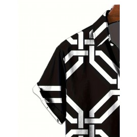Men's Color * Geometric Pattern 3D Print Casual Shirt, Button Front Short Sleeve Top, Men's Clothes For Daily Wear/Party Men's Color * Geometric Pattern 3D Print Casual Shirt, Button Front Short Sleeve Top, Men's Clothes For Daily Wear/Party