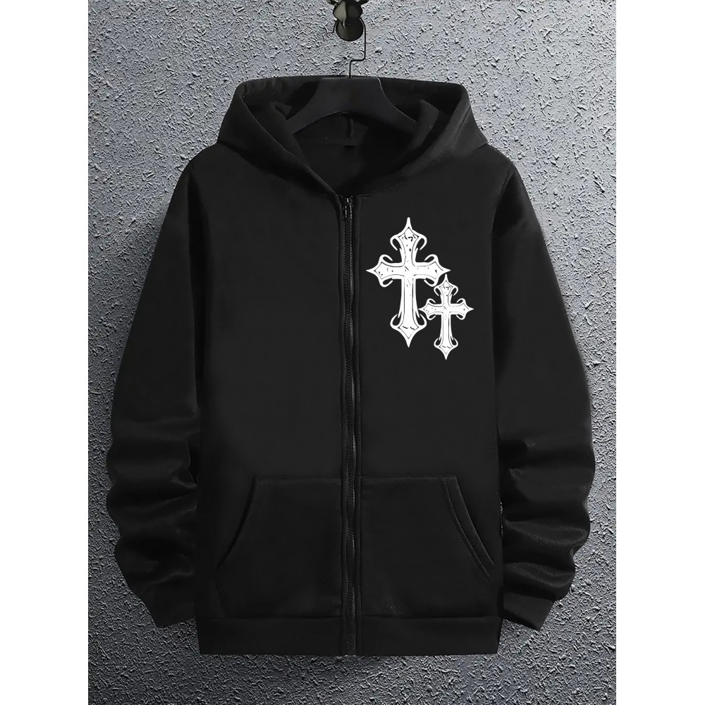 Men's Fashion Geometric Cross Print Hoodie with Comfort Pockets, Full Zip Regular Fit Polyester Knit Fabric Hooded Sweatshirt with Slight Stretch - All Season Style Men's Fashion Geometric Cross Print Hoodie with Comfort Pockets, Full Zip Regular Fit Polyester Knit Fabric Hooded Sweatshirt with Slight Stretch - All Season Style