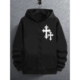Men's Fashion Geometric Cross Print Hoodie with Comfort Pockets, Full Zip Regular Fit Polyester Knit Fabric Hooded Sweatshirt with Slight Stretch - All Season Style Men's Fashion Geometric Cross Print Hoodie with Comfort Pockets, Full Zip Regular Fit Polyester Knit Fabric Hooded Sweatshirt with Slight Stretch - All Season Style
