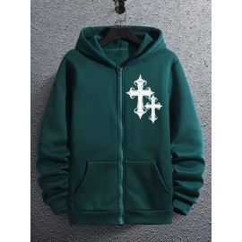Men's Fashion Geometric Cross Print Hoodie with Comfort Pockets, Full Zip Regular Fit Polyester Knit Fabric Hooded Sweatshirt with Slight Stretch - All Season Style Men's Fashion Geometric Cross Print Hoodie with Comfort Pockets, Full Zip Regular Fit Polyester Knit Fabric Hooded Sweatshirt with Slight Stretch - All Season Style