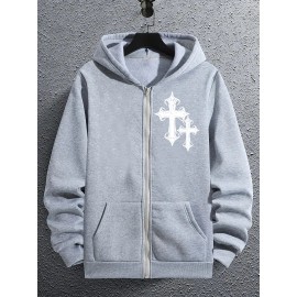 Men's Fashion Geometric Cross Print Hoodie with Comfort Pockets, Full Zip Regular Fit Polyester Knit Fabric Hooded Sweatshirt with Slight Stretch - All Season Style Men's Fashion Geometric Cross Print Hoodie with Comfort Pockets, Full Zip Regular Fit Polyester Knit Fabric Hooded Sweatshirt with Slight Stretch - All Season Style