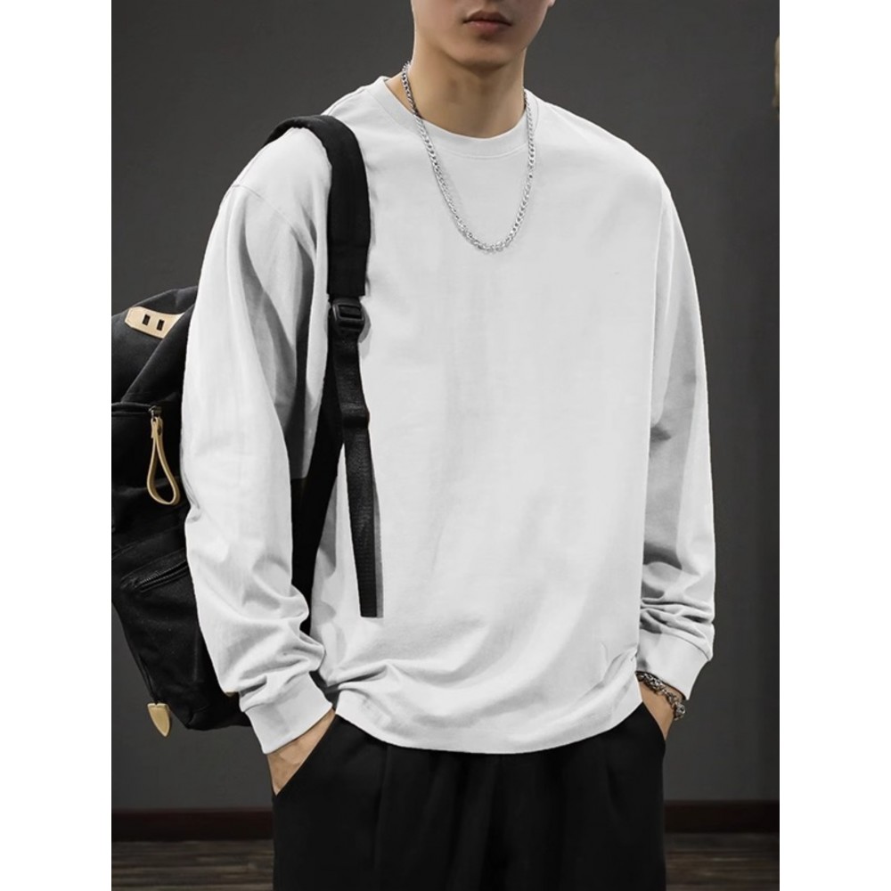 Men's Casual Cotton Long Sleeve T-Shirt - Crew Neck, Loose Fit, Spring & Fall Collection Men's Casual Cotton Long Sleeve T-Shirt - Crew Neck, Loose Fit, Spring & Fall Collection