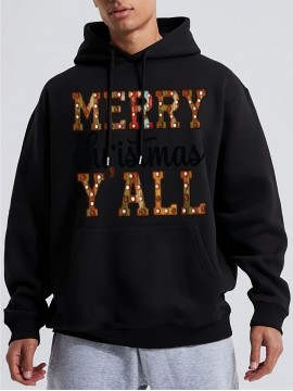 Men'S Christmas Hoodie, Cotton Blend Casual Knit Fabric, Regular Fit, Hooded Sweatshirt with Front Pocket, Slight Stretch, Alphabet Pattern, with Pocket for Daily Wear & Holiday Gifts