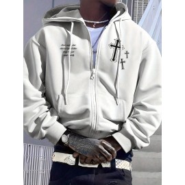 Men's Fashion Cross Print Long Sleeve Hoodie - Classic Zip-Up Design, Casual Style, Ideal For Fall And Winter Men's Fashion Cross Print Long Sleeve Hoodie - Classic Zip-Up Design, Casual Style, Ideal For Fall And Winter